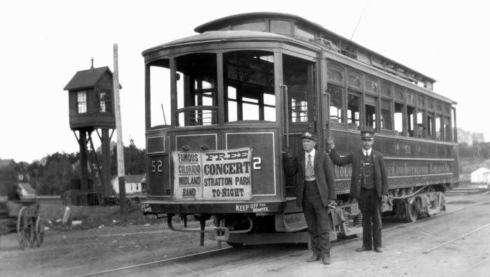 Art Crawfords grandfather, James Crawford, is at left in
this photo, taken sometime during 1907-08, when James was employed with the Colorado Springs & Interurban Railway.
Courtesy of Art Crawford