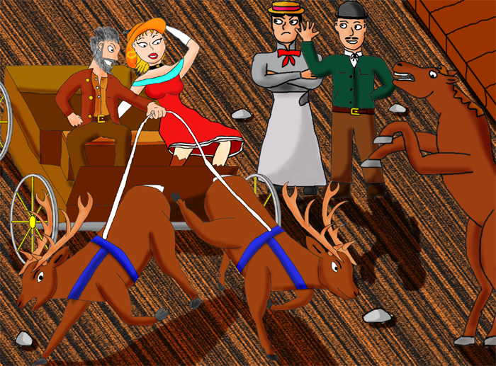 A contemporary graphic imagines the scene when Prairie Dog OByrne raced his trained elk  named Thunder and 
Buttons  past the respectable folk along Colorado Avenue, while notorious Colorado City madam Laura Belle McDaniel came along for the ride.
Travers Jordan graphic