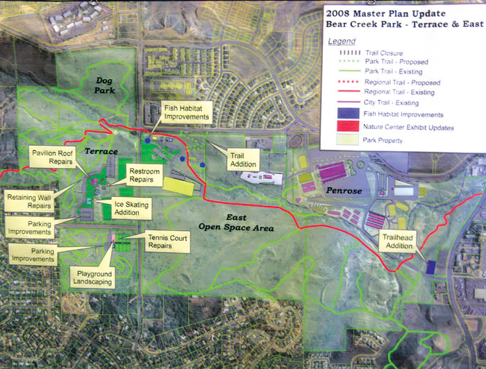A County Parks map from the April 1 open house shows the anticipated locations of future upgrades or new 
features. Part of the Skyway subdivision is at lower left and Crown Hill Mesa at the top.
El Paso County Parks map; Westside Pioneer photo