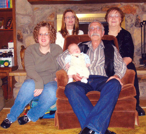 Proud to be a great-great grandfather, Fred Bishop holds
the newest generation of the family, Connor Jace Turner, 
in a recent photo. Also shown are his daughter, Fredda (Bishop) Brozek (far right), her daughter Paula Drexel (second from left) and her daughter (Connor's mother), Krista Drexel.
Courtesy of Fred Bishop
