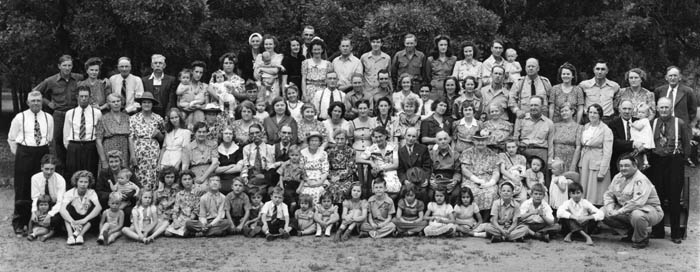 The 66th Bishop family reunion in 1944. Fred Bishop Jr. was not in the picture, being in the war. But an attentive reader will 
find the twins, Fred Sr. and Ed Bishop. The 130th Bishop family reunion will be in Thorndale Park Sunday, Aug. 3.
Courtesy of Fred Bishop