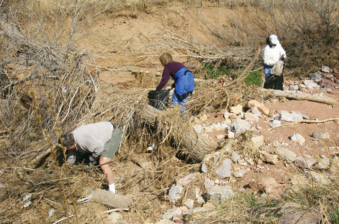 LEFT: During the Holland Park Community Association clean-up of the Douglas Creek Open Space April 26, three 
volunteers pick up trash in an area of Douglas Creek where flood-uprooted trees are causing the water to back up and spread out of the channel, according to 
association observations.
Westside Pioneer photo