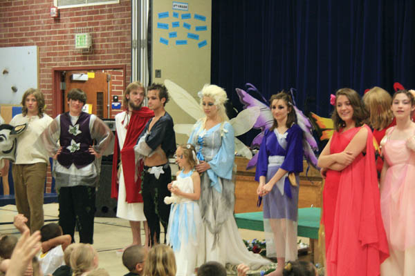Several of the cast members from A Midsummer Nights Dream answer questions from Bristol Elementary students 
after giving them a preview performance of their show (scheduled May 6-8 in the Holmes courtyard).
Westside Pioneer photo