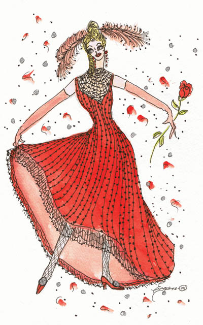 Since about 1955, Westside artist Mr. Eugene, now 80, has
enjoyed creating images of fashionably dressed ladies 
such as the one above, adorned in a dance-hall style from
the Old West and drawn exclusively for the Westside
Pioneers 2008 Territory Days edition. As for the title of this
painting, its the same as all the others hes produced in this
genre over the years: One of the Girls. Click to see STORY and PHOTO. 
Courtesy of Mr. Eugene