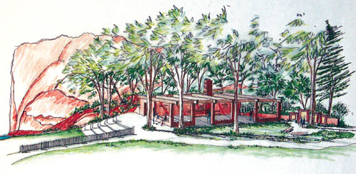 The photo at top is a city rendering of how the locale might 
appear after the greater part of the house is removed. 
Note that the back stone wall, fireplace and chimney would be preserved in the planned configuration.