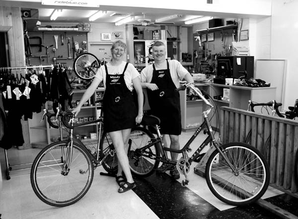 Inside their CS West Bikes shop, Mindy Carter and Sean Mullally display a couple of the new bicycles.
Westside Pioneer photo