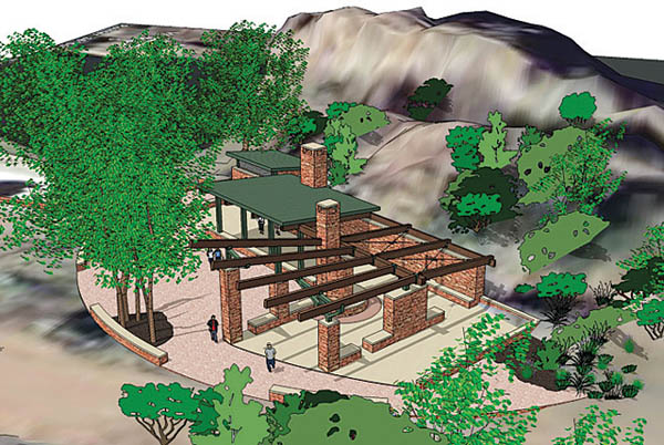 An artists rendering approximates the look of the Red Rock Canyon Open Space pavilion. The sandstone back wall will 
remain as it has been since the Bocks built it for their family living room in the 60s.
Courtesy of Source Architechnology Systems