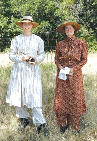 Three bloomer girls are shown from the Aug. 2 events on
the Westside commemorating Julia Archibald Holmes' climb
of Pikes Peak in such a garment in 1858. LEFT: Elizabeth
Barber (left) and Beth Harmon at the Rock Ledge Ranch
Historic Site. RIGHT: Erin Kathman at the Garden of the Gods Visitor Center.
Westside Pioneer photos