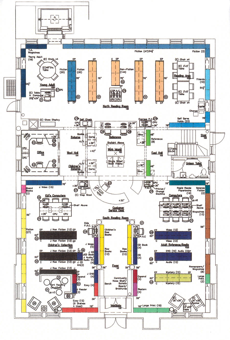 The approved layout for the new interior of the Old
Colorado City Library is shown above. North is up. The main
entrance is at the bottom of the drawing. Amenities will
include an entrance foyer, expanded computer areas for
kids and adults, bookshelves around the library perimeter to
optimize space, an elevator (upper left) to a basement that
will be revamped, and a horseshoe-style desk (center) to
match the format of the original Carnegie Library from the 
early 1900s. The changes will be part of the interior 
upgrades, including plumbing, heating and electrical work
that are planned for the librarys Phase 2 project.
Courtesy of Pikes Peak Library District