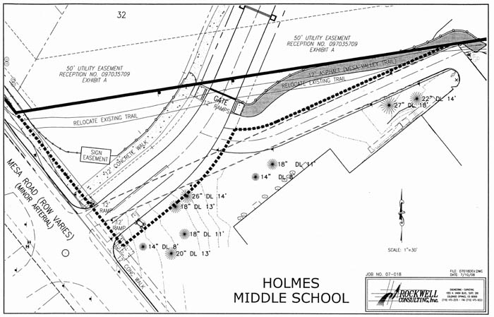 An engineering drawing illustrates how the Mesa Road
access would work with the proposed Sentinel Ridge development. The dotted lines indicate the current
driveway along the north side of Holmes Middle School between Mesa and the schools rear parking.  The new access would start at the same place, curving toward the
subdivisions gated entrance but first providing a fork back to the Holmes driveway.
Courtesy of Rockwell Consulting