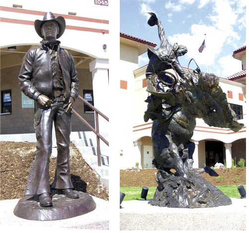 T.D. Kelseys bronco rider statue (right) and a bronze of
area rancher/philanthropist Bob Norris (left) stand with a
likeness of early-20th century Colorado Springs millionaire/benefactor Spencer Penrose outside the new entry facility at the Norris-Penrose Event Center. 
Westside Pioneer photos