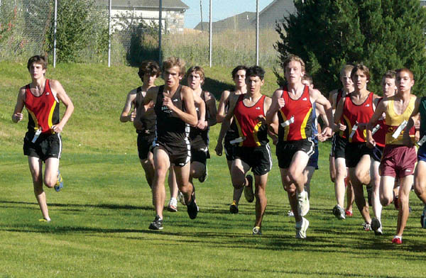 Coronado High Schools top five cross country team runners can be seen shortly after the start of the Metro League 
championship race Oct. 9. The Cougars took second, a week before winning regionals. Wearing red and gold are (from left) Jesse Matthews, Dusty Solis (first at 
both Metro and at regionals), Andrew Hugill and Dylan Witte. Fifth man Ben Vaske is partially obscured behind Wittes right shoulder.
Westside Pioneer photo