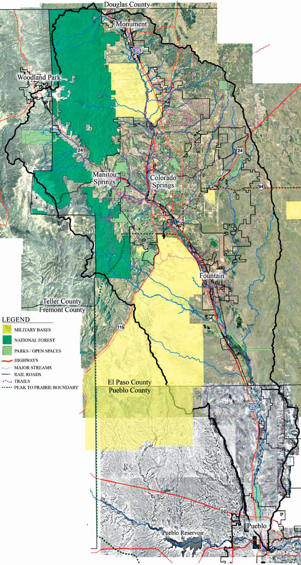 A map outlines in black the Fountain Creek Watershed (leaving out most of Pueblo County for space reasons). 
Those within the watershed (including Colorado Springs Westside residents) would be part of a new district whose
governing board would be empowered to oversee and make improvements to the creek. 
Courtesy of Fountain Creek Vision Task Force; edited for publication by Westside Pioneer